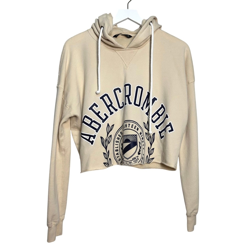 Vintage Abercrombie & Fitch Women Cropped Hoodie Cream Logo Graphic Sweatshirt M